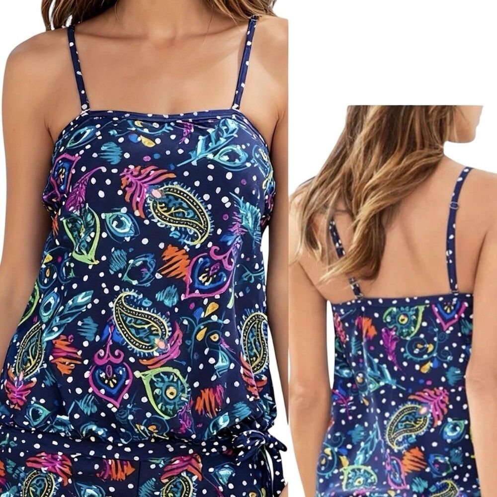 WENLY ZENG Tankini Blue Paisley Abstract Swim Top Waist Tie Off Women’s L
